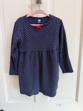 HB 4T Girls' Navy Polka Dot Long-Sleeve Casual Dress with Red Bow Accent